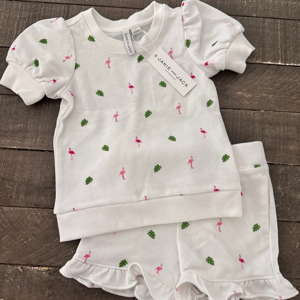Janie and Jack White and Pink Flamingo Palm French Terry Set
